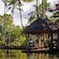 A lush tropical forest overlooking the water with palm trees and a thatched gazebo